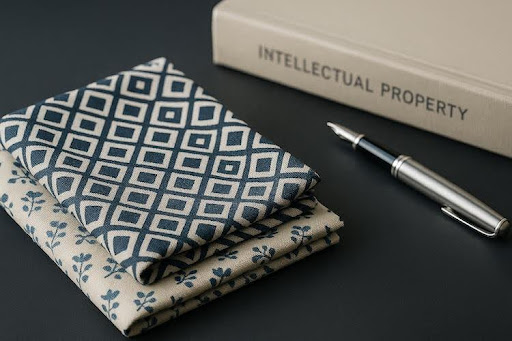 Folded patterned fabrics beside a book labeled Intellectual Property and a silver pen on a dark desk, symbolizing textile design protection and copyright registration.