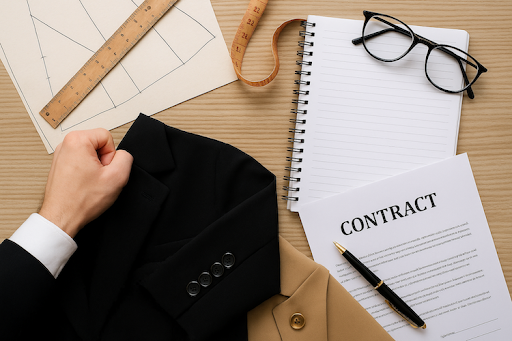 Fashion brand professionals reviewing design sketches and legal partnership contracts on a desk in a modern Los Angeles office.